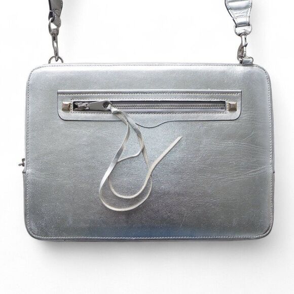 Rebecca Minkoff 13" Regan Laptop Computer Sleeve Crossbody Bag Metallic Silver - Picture 4 of 10